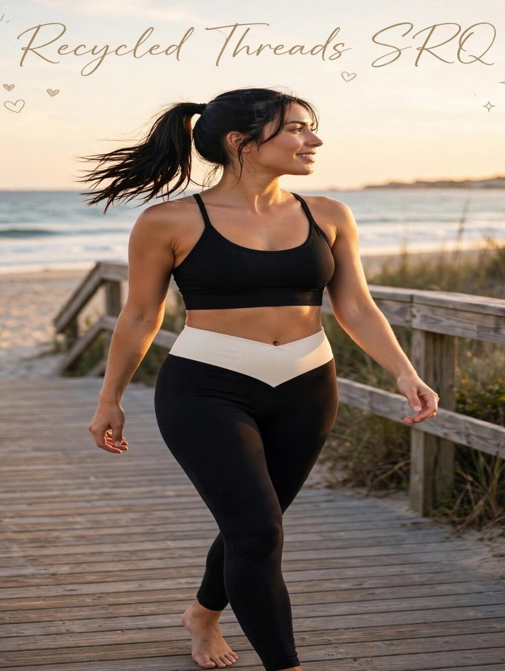 High-Waist Black Leggings with Cream V-Shaped Waistband Size Large